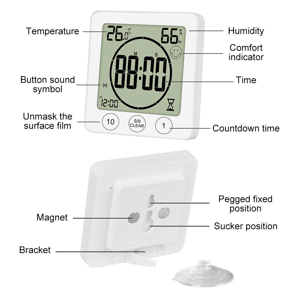 Waterproof Shower Timer Bathroom Clock Digital Alarm Temperature Meter Humidity