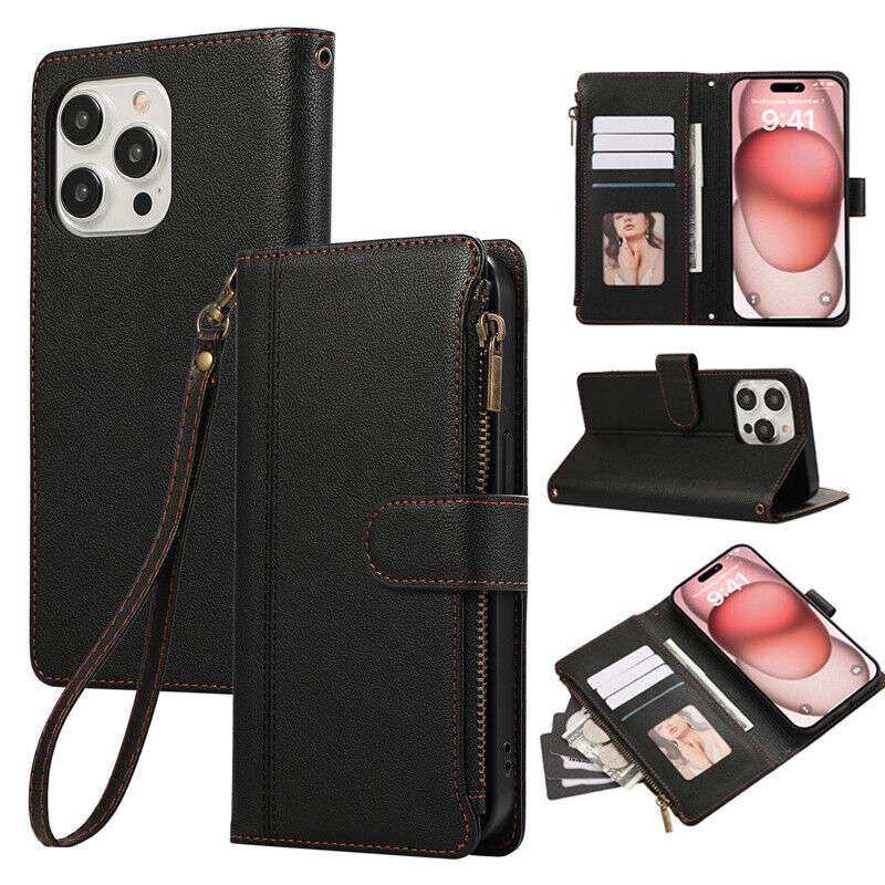 Zipper Wallet Flip Cover Case For iPhone 15 14 13 12 11 Pro XR XS Max 6 7 8 Plus