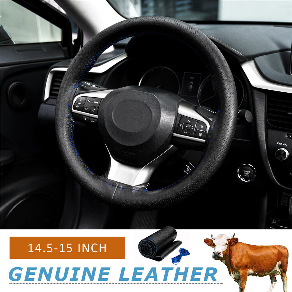 Genuine Leather DIY Car Steering Wheel Cover Breathable Anti-slip 38cm Black