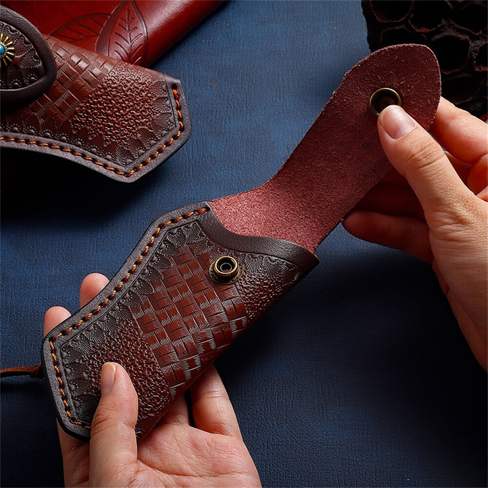 Hand Made Carved Cow Leather Sheath For Folding Knife Cover Pouch Belt Clip