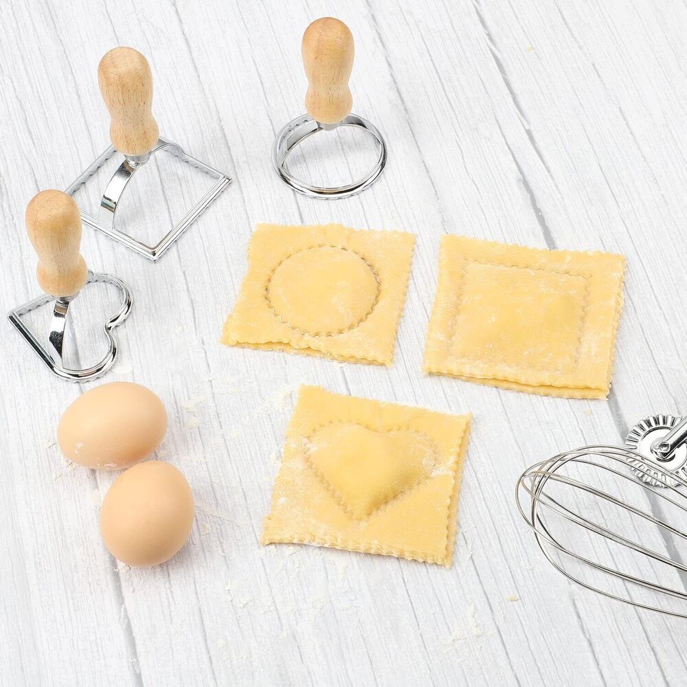 4pcs Ravioli Maker Cutter with Wooden Handle Pasta Pierogi Maker Mould Tray Stamp