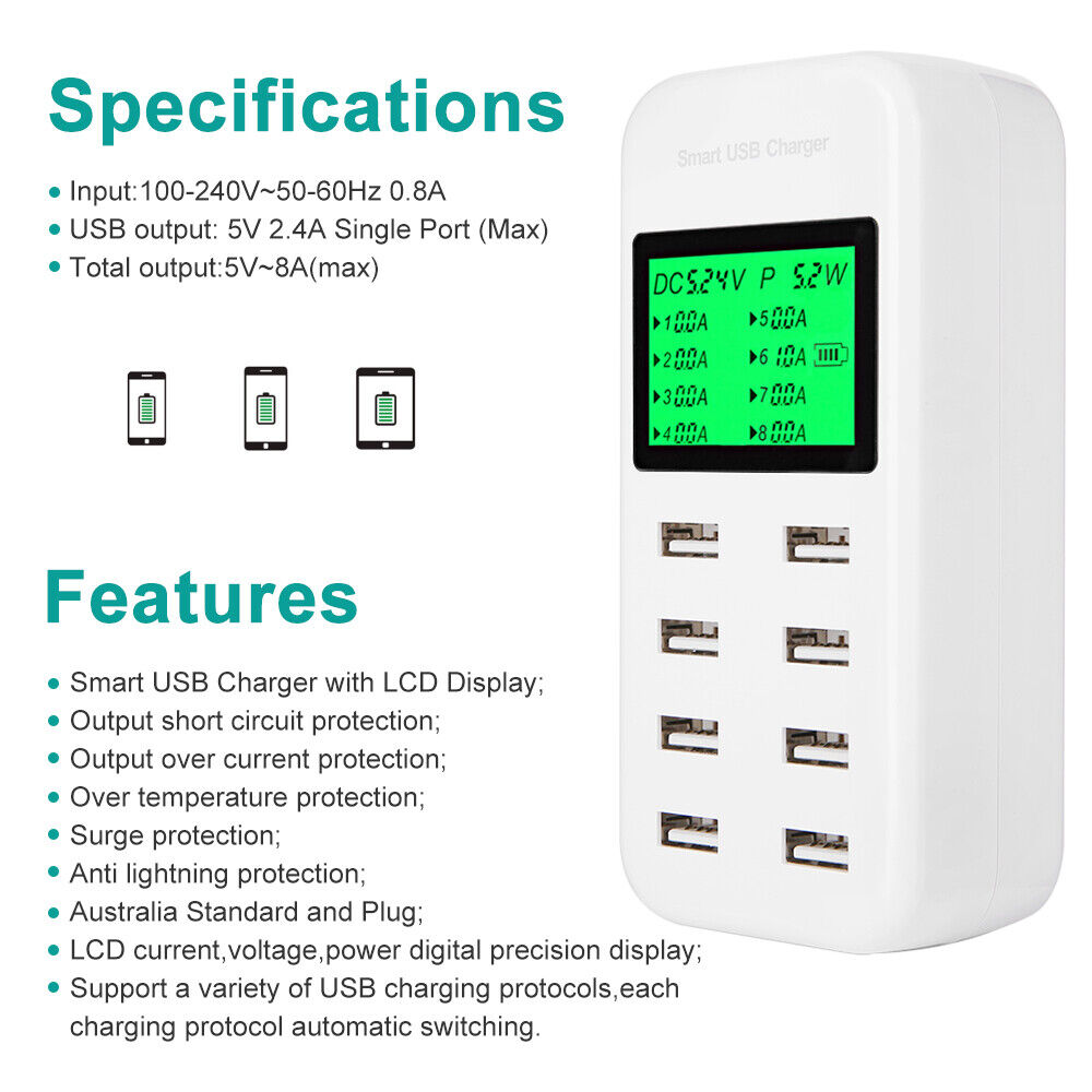 USB Charging Station 8-ports AC 240V Hub Travel Power Adapter Dock Phone Charger