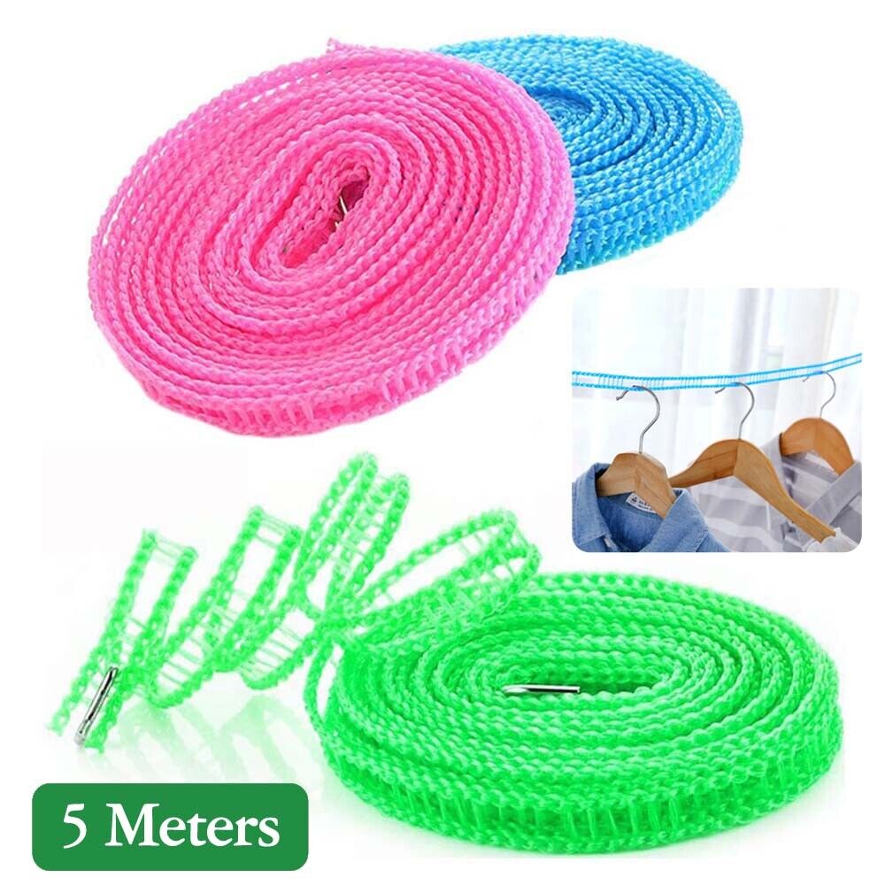 Portable Travel Clothes Line Washing Rope Non slip Airer Laundry Clothesline 5m