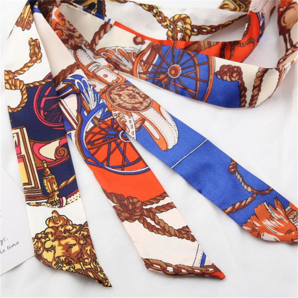 2PCS Women Silk Twilly Ribbon Narrow Scarf Wrap Tied Bag Handle Hair Tie Bandana