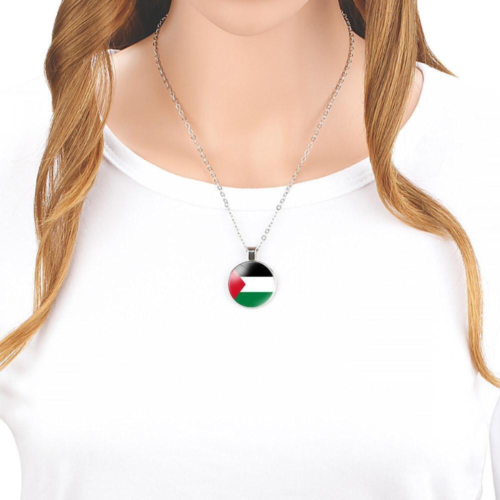 Silver Plated Palestine Flag Map Round Necklace Pendant