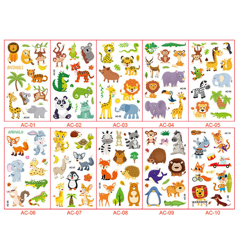 10PCs Kids Temporary Tattoos Stickers Boy Girl Cartoon Unicorn Dino Car Cute