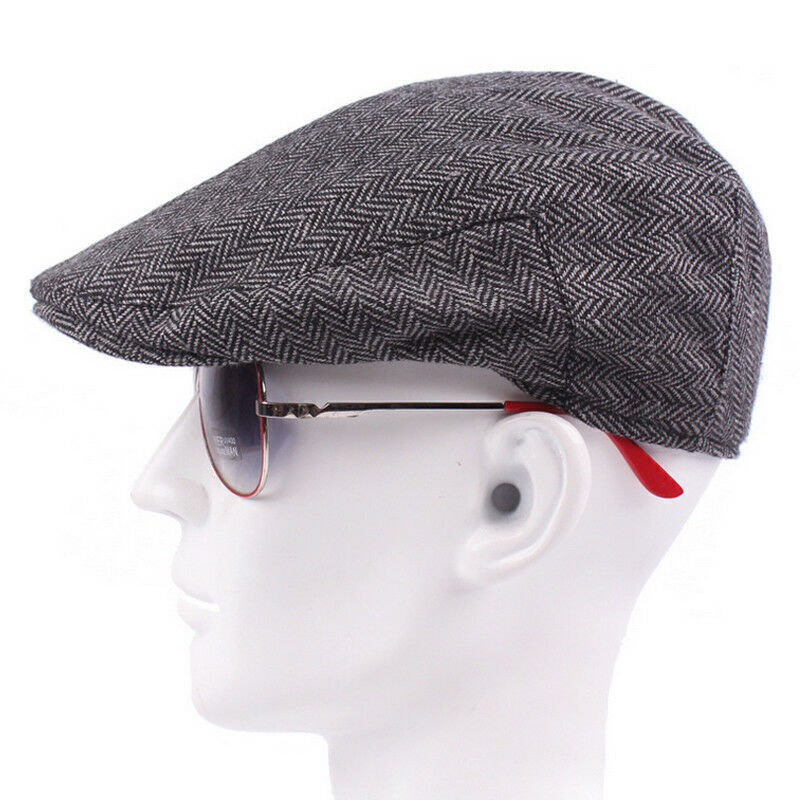 Men Vintage Tweed Newsboy Cap Herringbone Flat Cap Baker Beret Hat Peaky Blinder