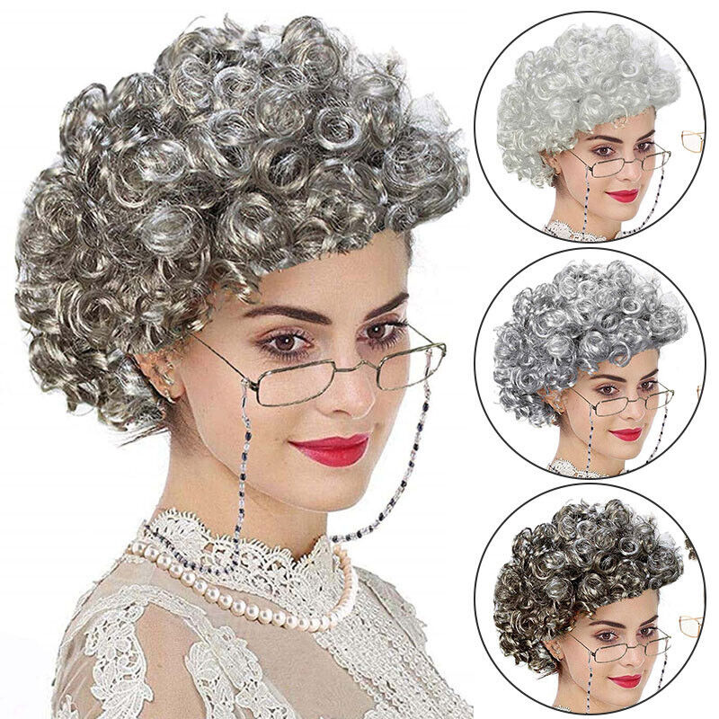 Old Lady Grandma Dress Up Set Granny Wig Party Kid Masquerade Cosplay Set 5Pcs