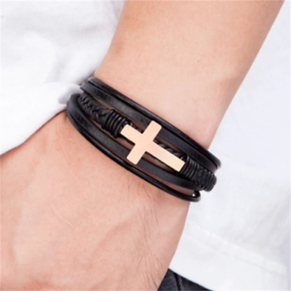 Men's Black Leather Titanium Steel Cross Multi Stripe Bracelet Bangle Wristband