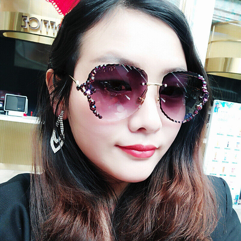 Luxury Oversized Rimless Bling Rhinestone Square Sunglasses Women Fashion Shades