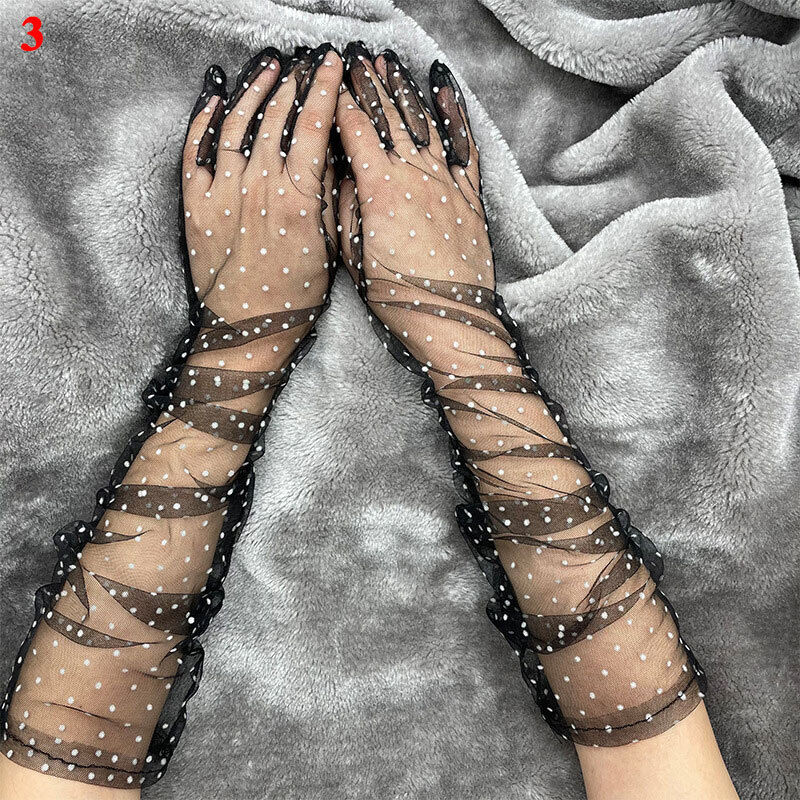 Women Mesh Tulle Sheer Long Gloves Full Finger Gloves Mittens Sun Protection