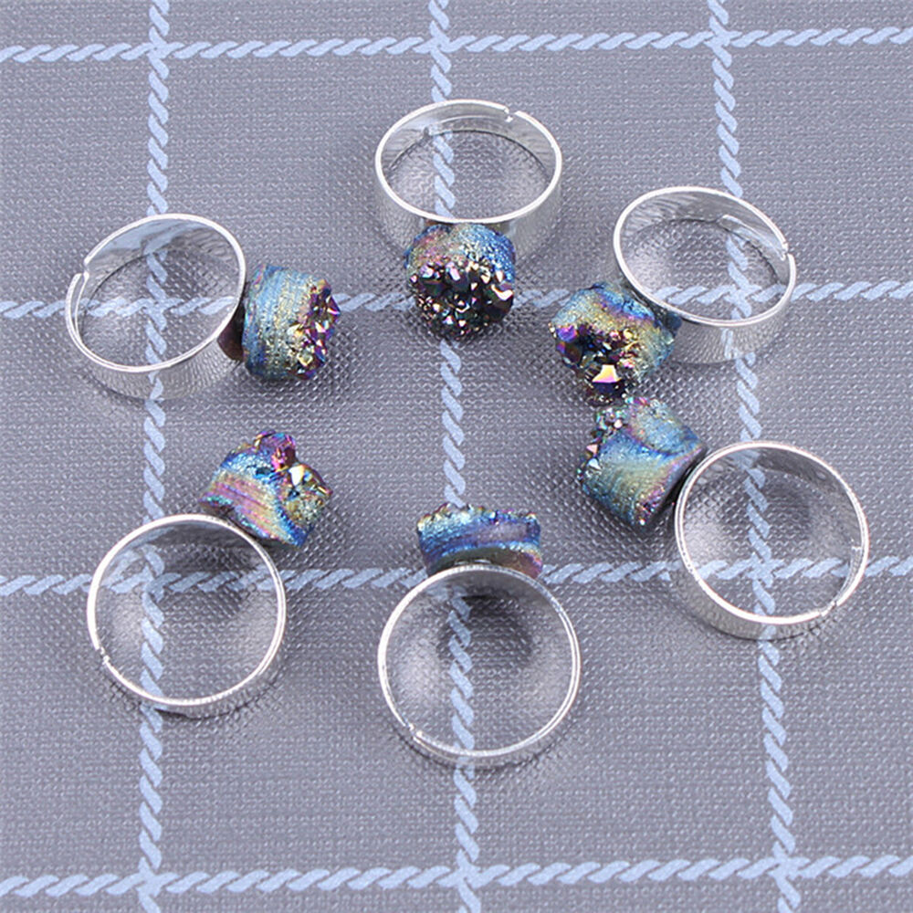 Rainbow Titanium Crystal Agate Druzy Quartz Geode Ring Adjustable Jewelry