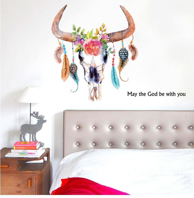 Wall Stickers Removable Cow Ox Horn Head Feather Living Room Decal Art Decor Kid