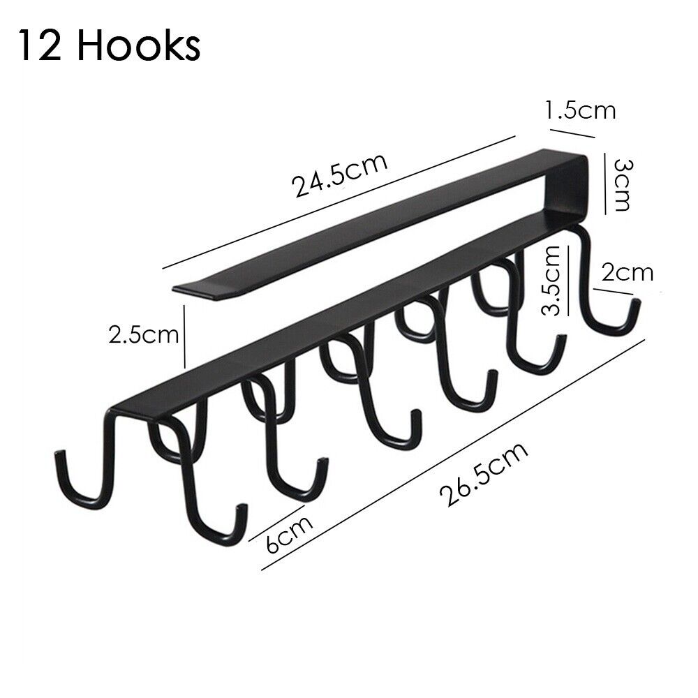 6/12 Hook Mug Cup Rack Holder Under Shelf Kitchen Cabinet Metal Hanger Wardrobe