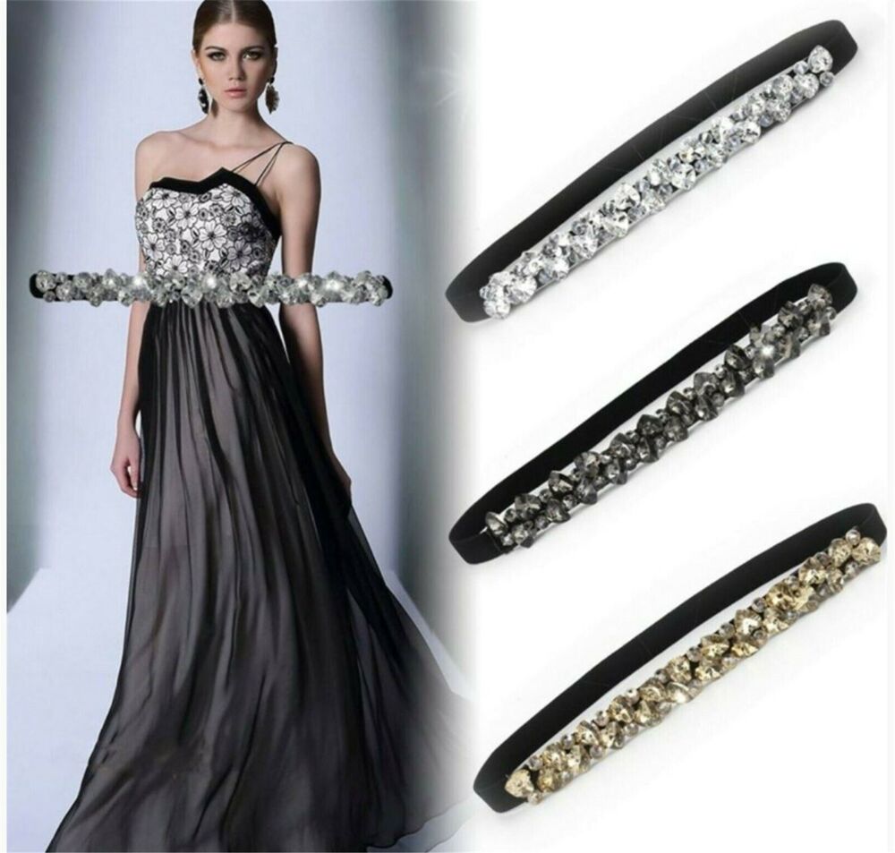 Women Shine Heart Crystal Rhinestone Bling Waist Dress Elastic Belt Waistband