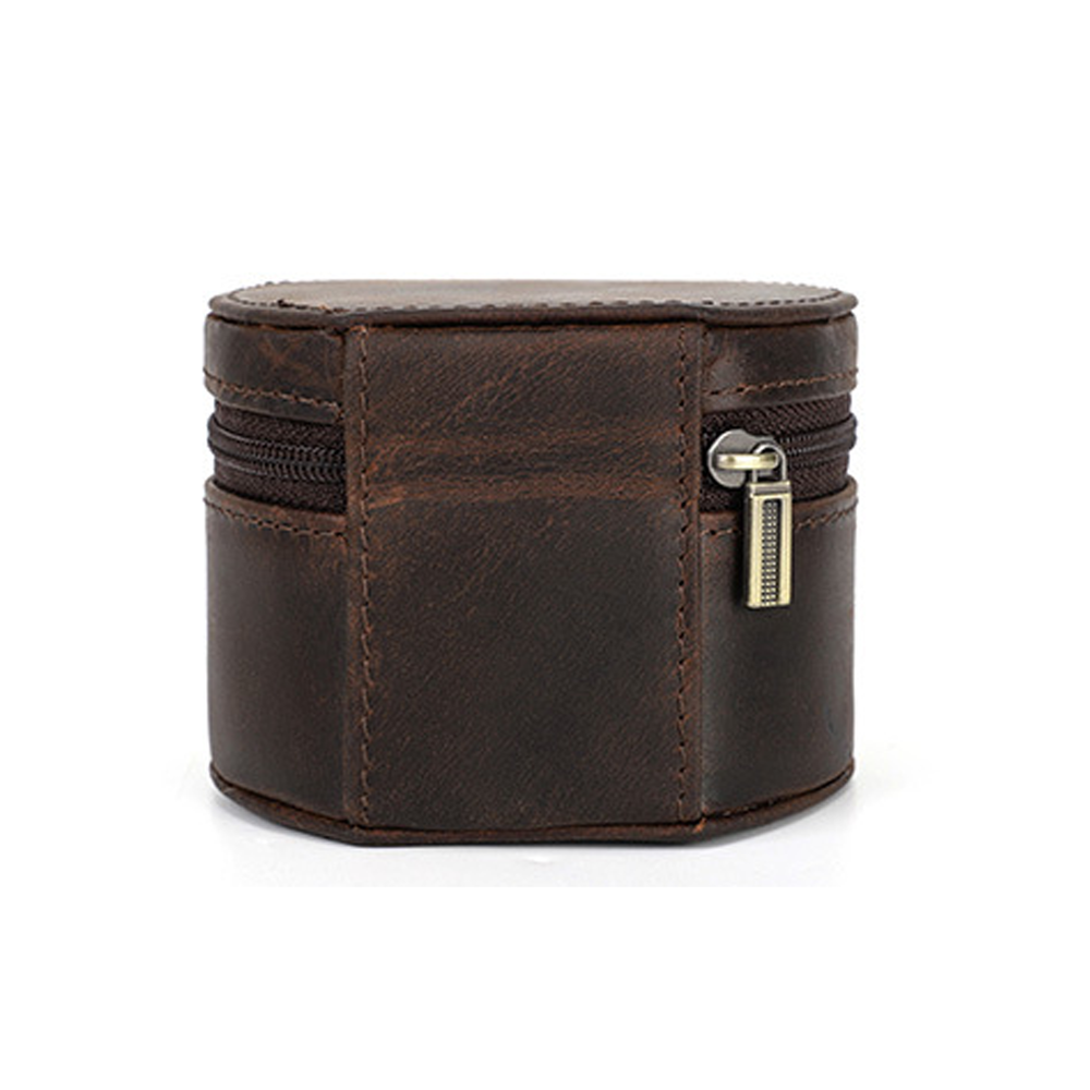 Watch Case Vintage Leather Single Round Zipper Travel Storage Box Coffee