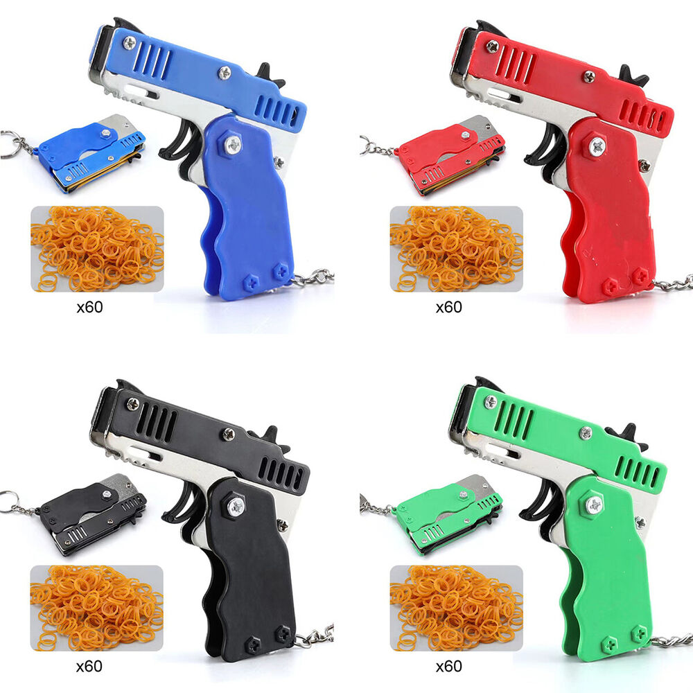 Mini Rubber Band Gun Foldable with Key Chain Elastic Safe for Kid Outdoor Party