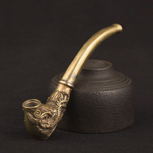 Vintage Pure Brass Copper Dragon Pattern Bent Smoking Tobacco Pipe Accessories