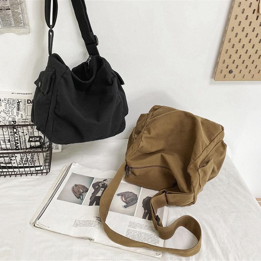 Soft Canvas Shoulder Crossbody Bag Large Capacity Solid Color Messenger Handbags