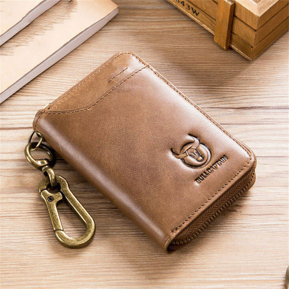 Genuine Leather Key Case RFID Blocking Card Holder Coin Purse Keychain Wallet