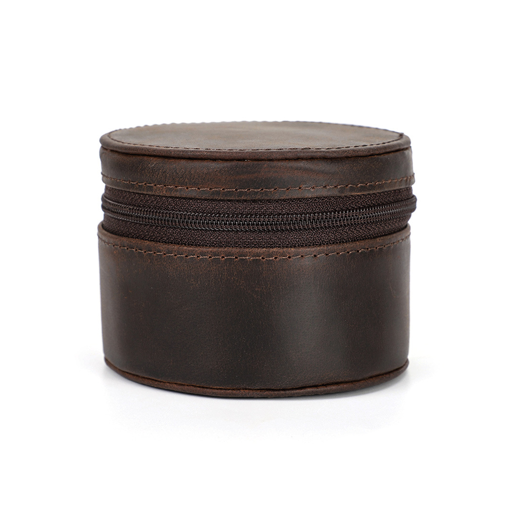 Watch Case Vintage Leather Single Round Zipper Travel Storage Box Coffee