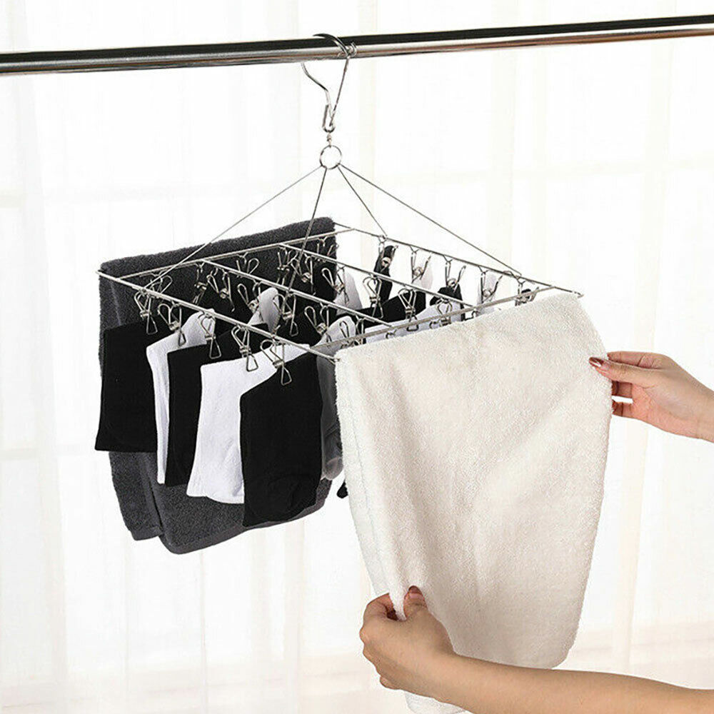 55 Pegs Stainless Steel Sock Hanger Windproof Foldable Space Saving Clothes Rack