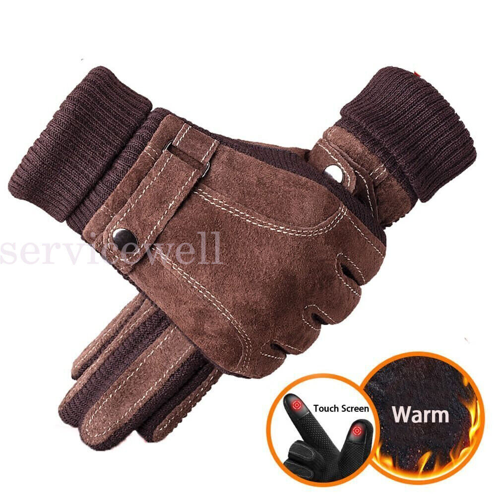 Men Winter Gloves Thermal Leather Touch Screen Warm Windproof Soft Outdoor