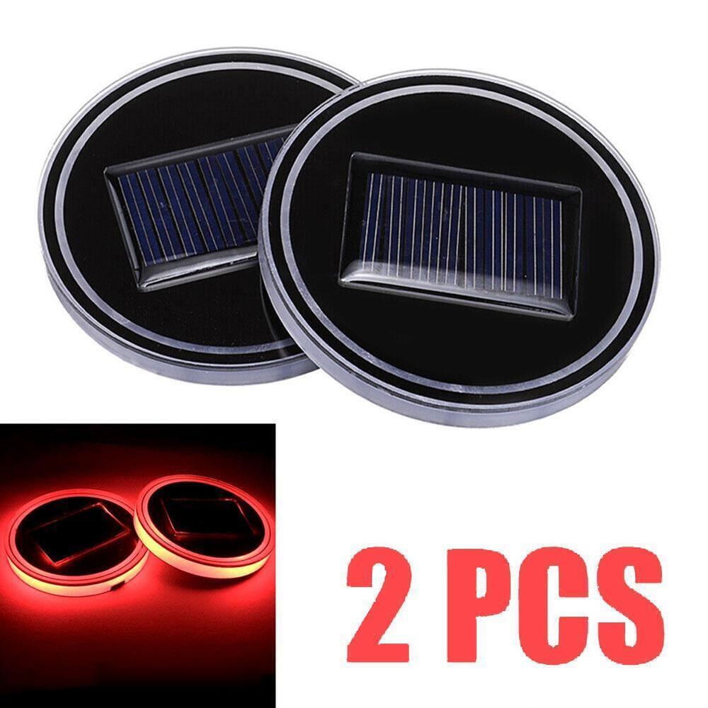 2x LED Solar Cup Pad Car Accessories Light Cover Interior Decoration Lights Red