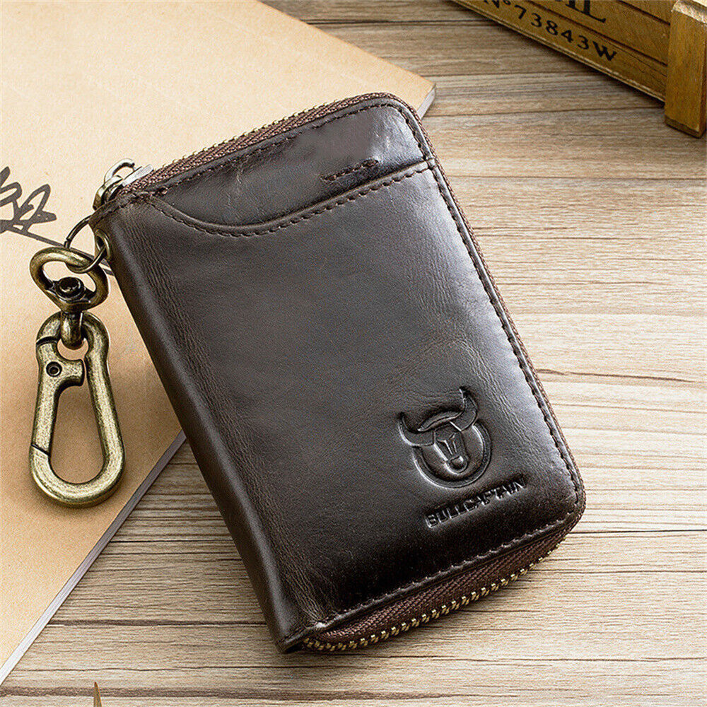 Genuine Leather Key Case RFID Blocking Card Holder Coin Purse Keychain Wallet