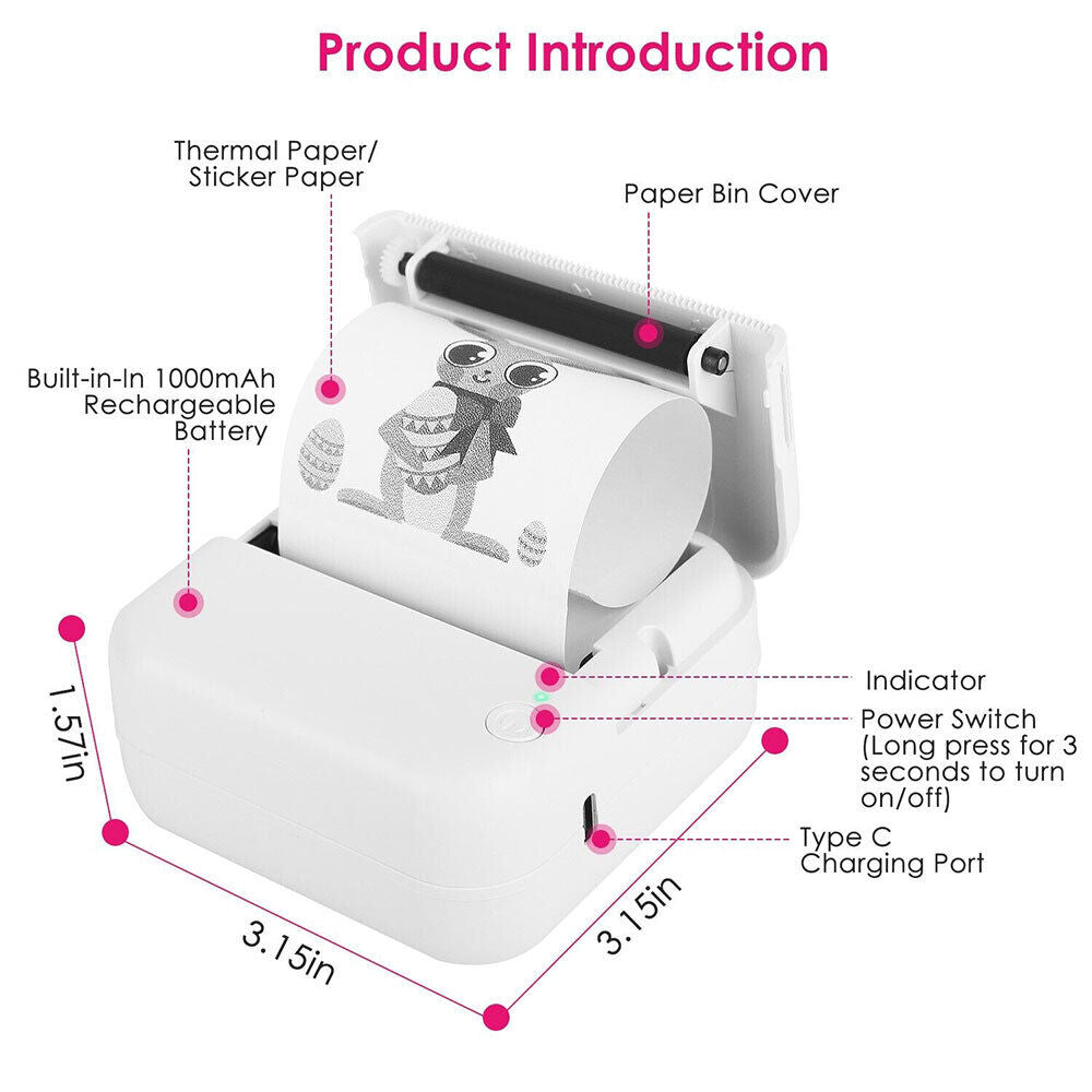 Mini Pocket Thermal Printer Photo Notes Inkless Sticker Pen USB Cable Wireless