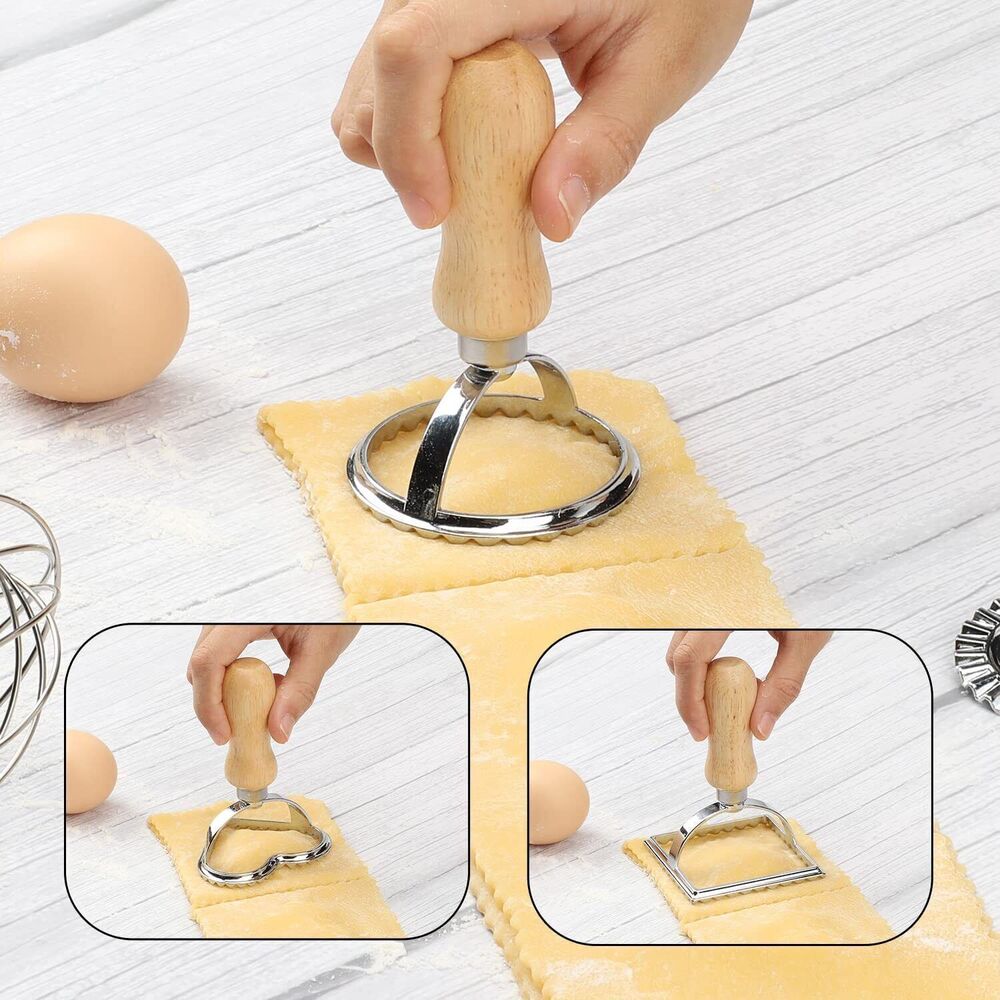 4pcs Ravioli Maker Cutter with Wooden Handle Pasta Pierogi Maker Mould Tray Stamp