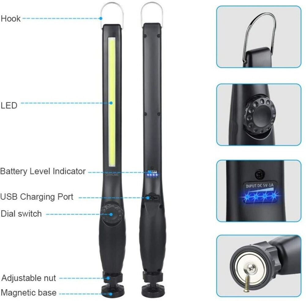 LED COB USB Rechargeable Work Light Magnetic Hand Torch Flexible Inspection Lamp