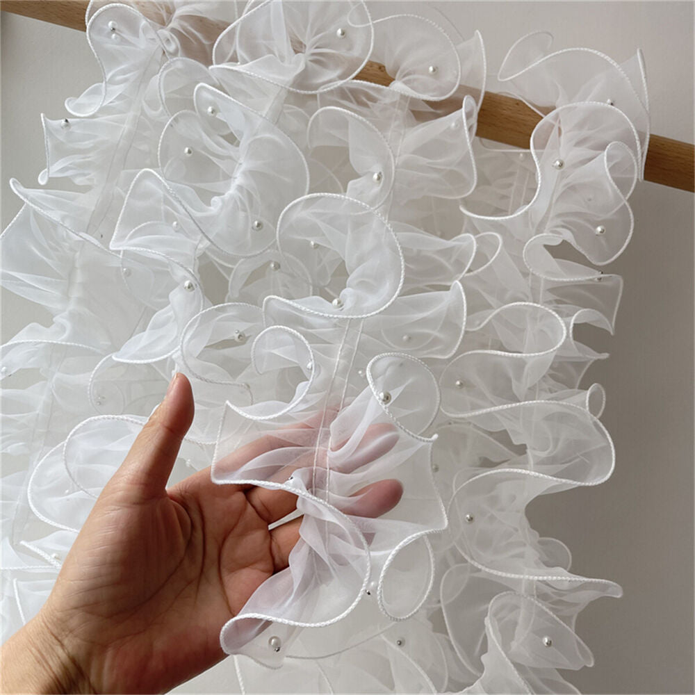 1 Yard Organza Pleats Ruffle Lace Trim Pearl Beaded Ribbon Fabric Sewing Wedding