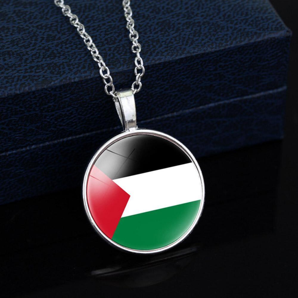 Silver Plated Palestine Flag Map Round Necklace Pendant