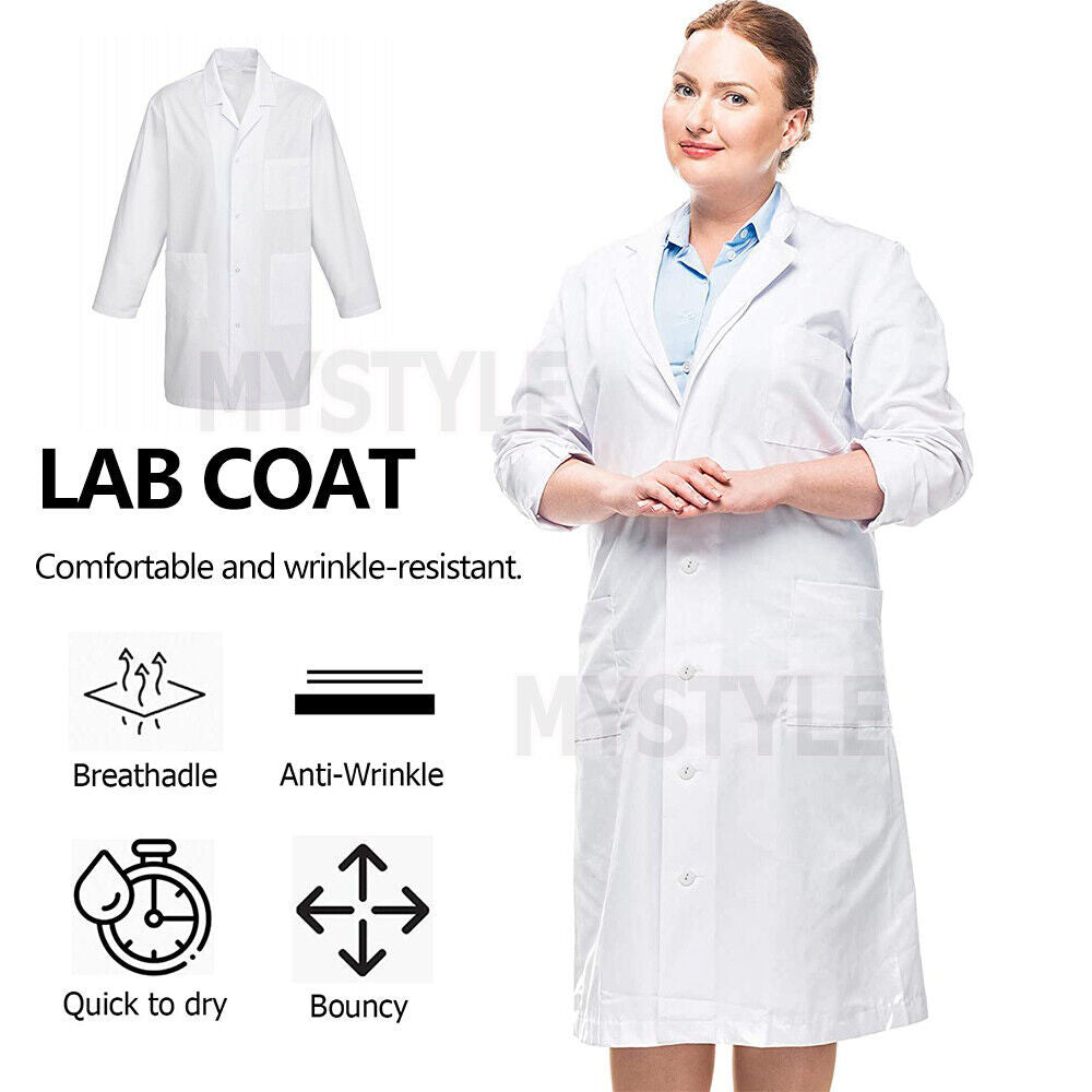 Scientist Long Sleeve Uniform White Lab Coat Men Women Medical Clinic Doctor-NEW