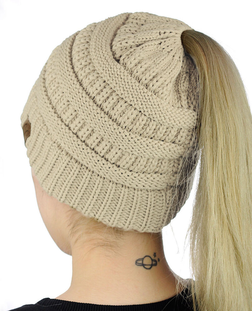 Women Girls Ponytail Beanie Winter Soft Stretch Cable Knit Crochet High Bun Hat