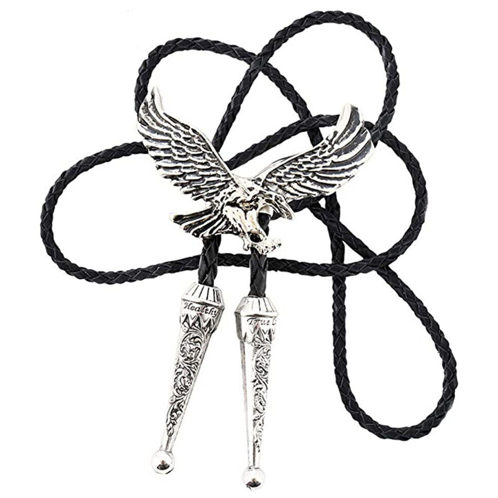 Western Bolo Tie for Men Silver Fly Eagle Cowboy Tie Black Leather Bolo Necktie~