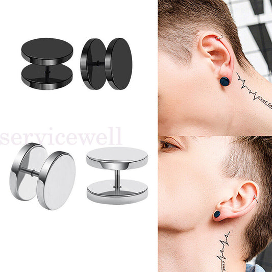 Men Earring Studs Black Flat Round Barbell Mens Earrings Plug Stainless Steel