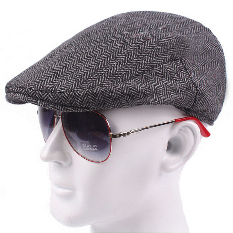 Men Vintage Tweed Newsboy Cap Herringbone Flat Cap Baker Beret Hat Peaky Blinder