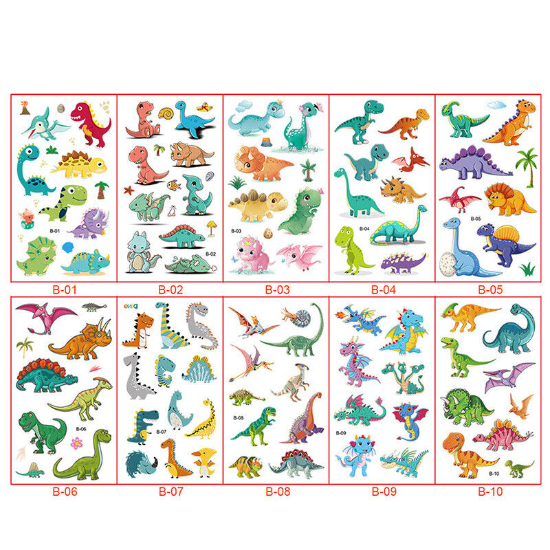 10PCs Kids Temporary Tattoos Stickers Boy Girl Cartoon Unicorn Dino Car Cute