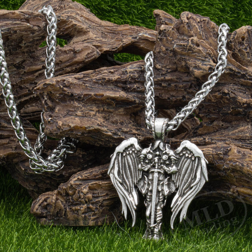 Saint St Michael Archangel Wings Cross Pendant Necklace & Stainless Steel Chain