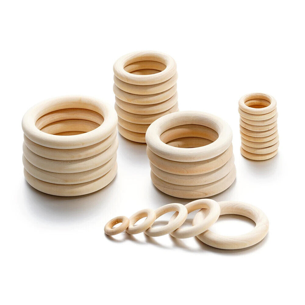 30pcs Wood Rings Unfinished Raw Natural Round Craft Donut Ring Wooden Circle Beads