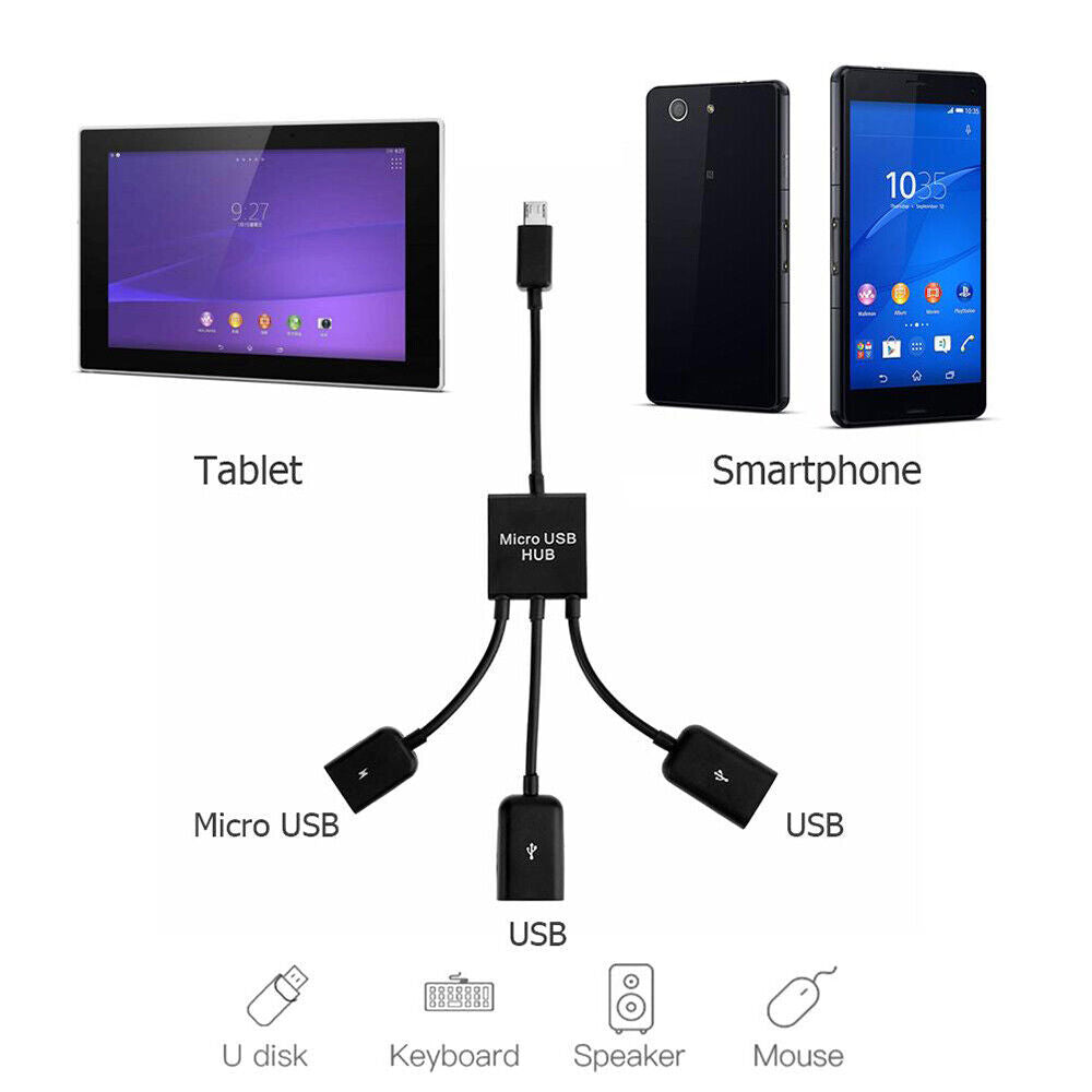 3 in 1 Male to Female Micro USB 2.0 Host Hub Cable Power Adapter Charging OTG