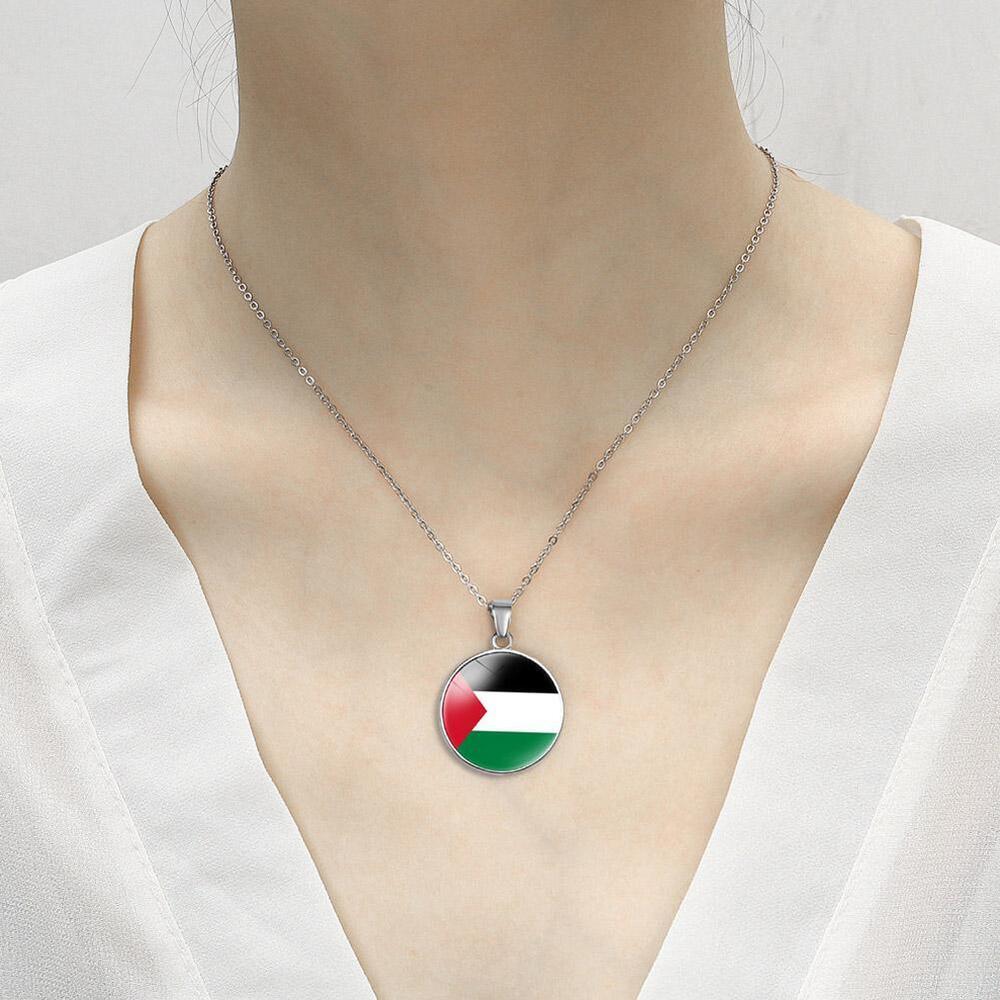 Silver Plated Palestine Flag Map Round Necklace Pendant