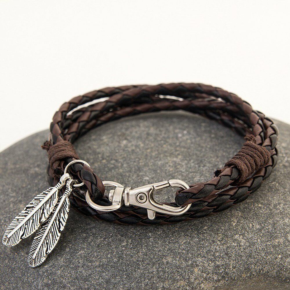 Mens Womens Surfer Patrol Leather Bracelet Feather Clasp Cord Wristband Gift Y1