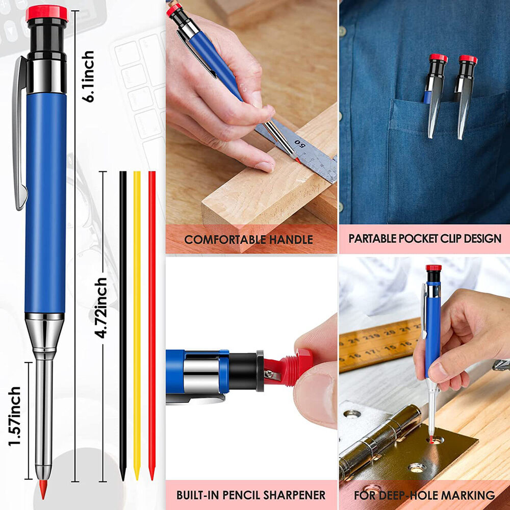 Solid Carpenter Metal Pencil Set with Refill Leads Woodworking Deep Hole Pencil