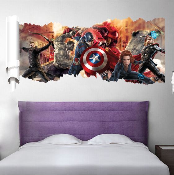 3D Wall Stickers Removable The Avengers Iron Man Hulk Broken Wall Kid Boy Room