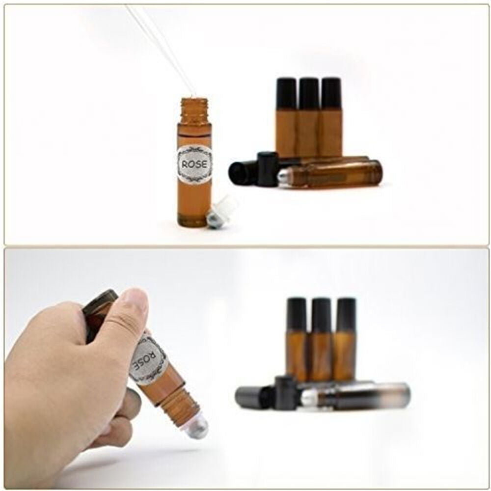 5x10ml Roll on Glass Essential Oil Perfume Roller Ball Amber Bottle with Cap