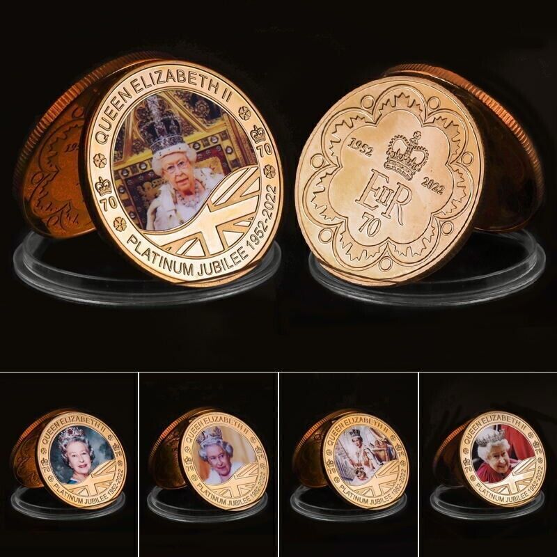 Queen Elizabeth II Platinum Jubilee Gold Plated Commemorative Coins / Medals Set