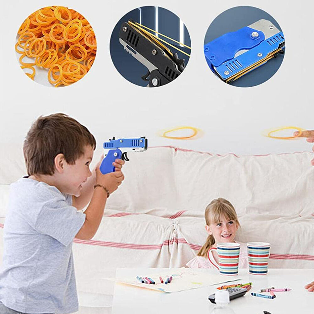 Mini Rubber Band Gun Foldable with Key Chain Elastic Safe for Kid Outdoor Party